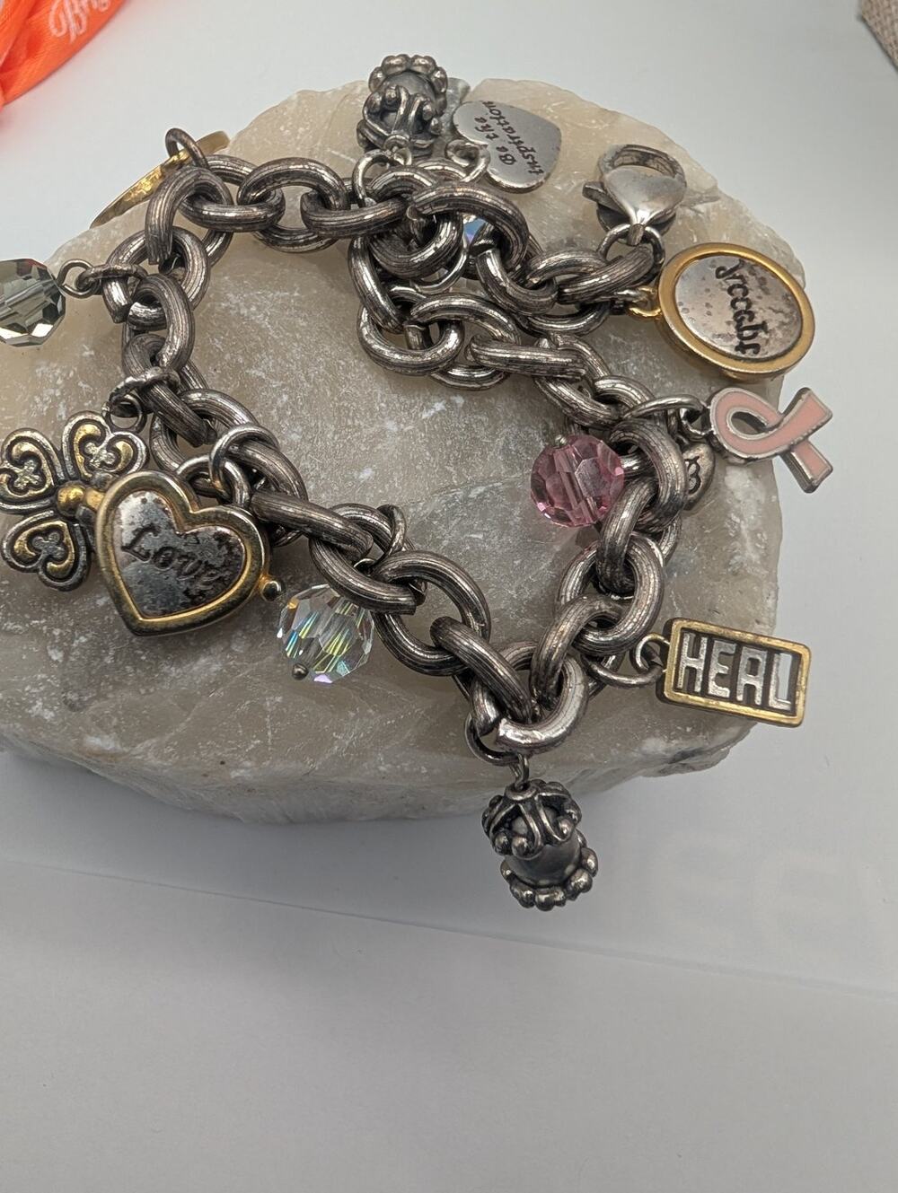 Brighton Love Heals Charm Bracelet Silver Tone Pink Ribbon Trust Accept